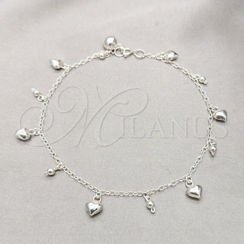 Sterling Silver Charm Anklet , Heart and Ball Design, Polished, Silver Finish, 03.409.0068.10 (01 MM Thickness, 10 Inches Length)