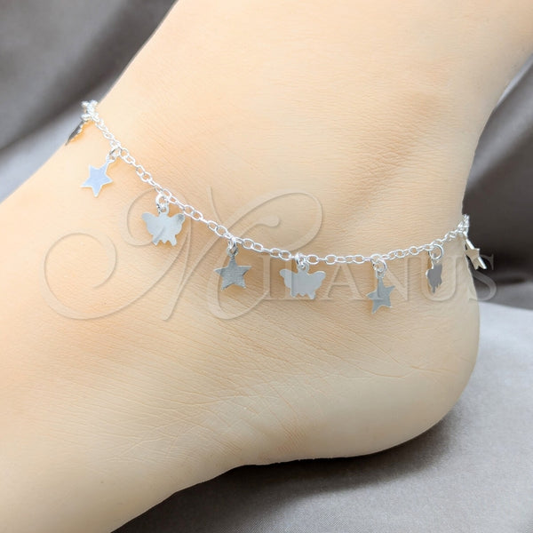 Sterling Silver Charm Anklet , Star and Butterfly Design, Polished, Silver Finish, 03.409.0069.10 (01 MM Thickness, 10 Inches Length)