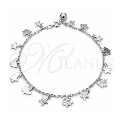 Sterling Silver Charm Anklet , Star and Butterfly Design, Polished, Silver Finish, 03.409.0069.10 (01 MM Thickness, 10 Inches Length)