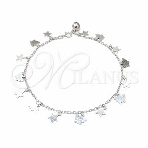 Sterling Silver Charm Anklet , Star and Butterfly Design, Polished, Silver Finish, 03.409.0069.10 (01 MM Thickness, 10 Inches Length)