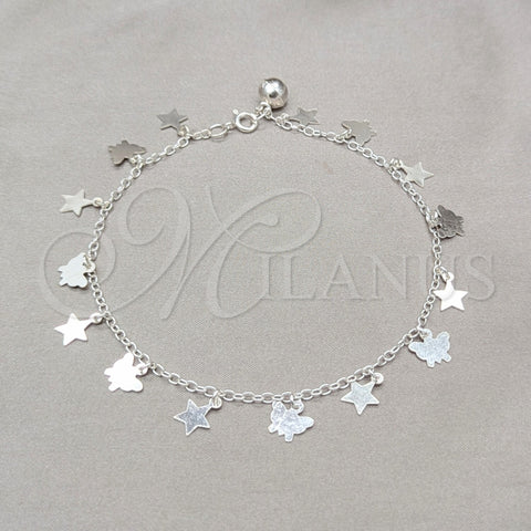 Sterling Silver Charm Anklet , Star and Butterfly Design, Polished, Silver Finish, 03.409.0069.10 (01 MM Thickness, 10 Inches Length)