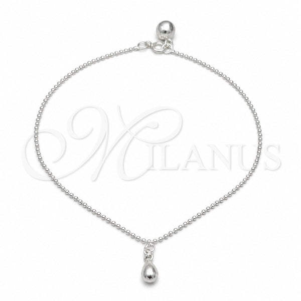 Sterling Silver Charm Anklet , Teardrop and Ball Design, Polished, Silver Finish, 03.409.0070.10 (01 MM Thickness, 10 Inches Length)