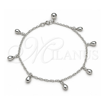 Sterling Silver Charm Anklet , Teardrop Design, Polished, Silver Finish, 03.409.0071.10 (01 MM Thickness, 10 Inches Length)