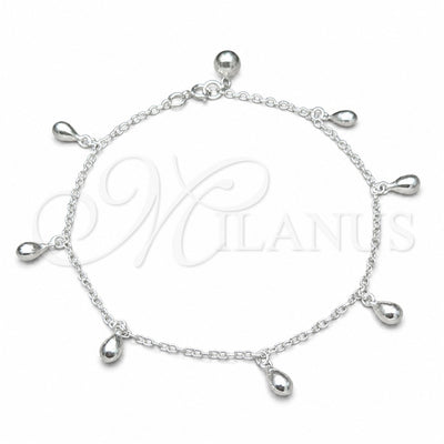 Sterling Silver Charm Anklet, Teardrop Design, Polished, Silver Finish, 03.409.0071.10 (01 MM Thickness, 10 for wholesale, main product view
