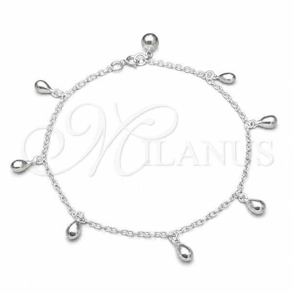 Sterling Silver Charm Anklet , Teardrop Design, Polished, Silver Finish, 03.409.0071.10 (01 MM Thickness, 10 Inches Length)