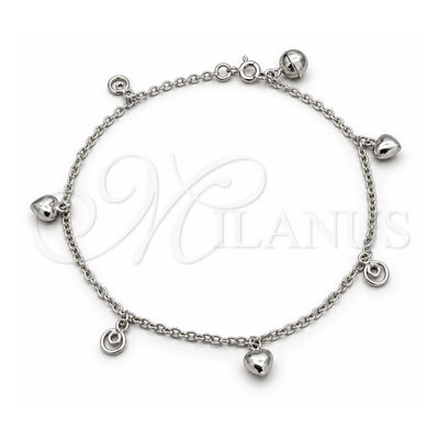 Sterling Silver Charm Anklet , Heart Design, Polished, Silver Finish, 03.409.0072.10 (01 MM Thickness, 10 Inches Length)