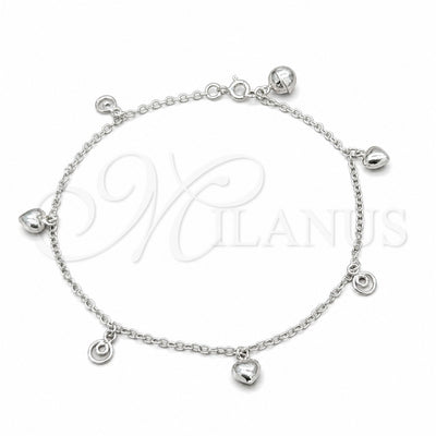 Sterling Silver Charm Anklet, Heart Design, Polished, Silver Finish, 03.409.0072.10 (01 MM Thickness, 10 Inches for wholesale, main product view