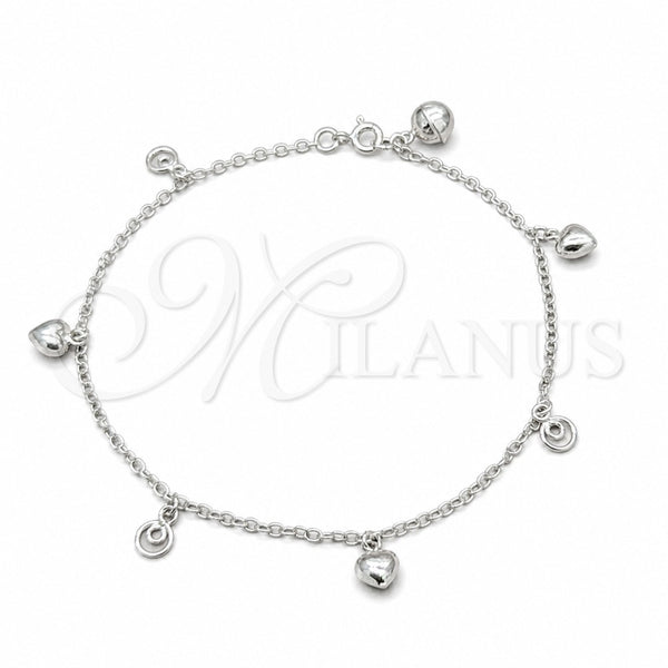 Sterling Silver Charm Anklet , Heart Design, Polished, Silver Finish, 03.409.0072.10 (01 MM Thickness, 10 Inches Length)