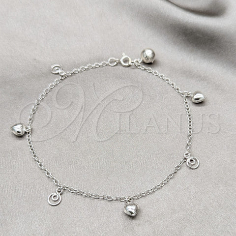 Sterling Silver Charm Anklet , Heart Design, Polished, Silver Finish, 03.409.0072.10 (01 MM Thickness, 10 Inches Length)