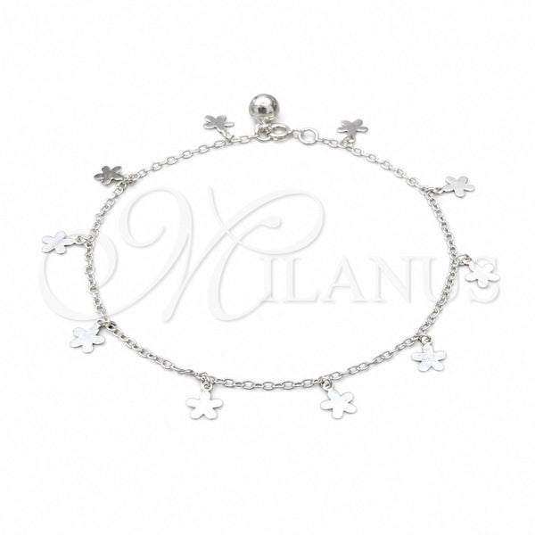 Sterling Silver Charm Anklet , Flower Design, Polished, Silver Finish, 03.409.0073.10 (01 MM Thickness, 10 Inches Length)