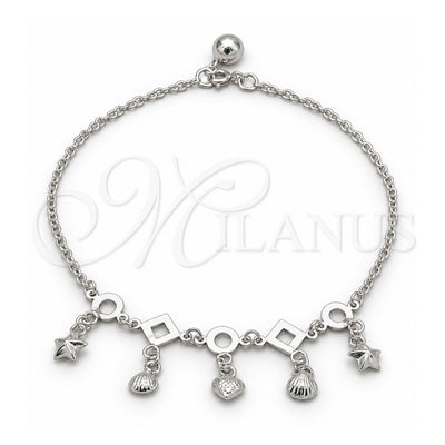 Sterling Silver Charm Anklet , Shell and Heart Design, Polished, Silver Finish, 03.409.0084.10 (01 MM Thickness, 10 Inches Length)