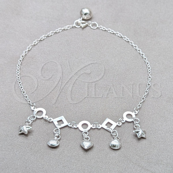 Sterling Silver Anklet — Charm Anklet Shell and Heart Design Polished 03. — main product view — SKU 157943 | Plata 925 tobillera — Charm Anklet Shell and corazón diseño pulido 03. — SKU 157943