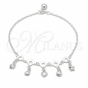 Sterling Silver Charm Anklet , Shell and Heart Design, Polished, Silver Finish, 03.409.0084.10 (01 MM Thickness, 10 Inches Length)