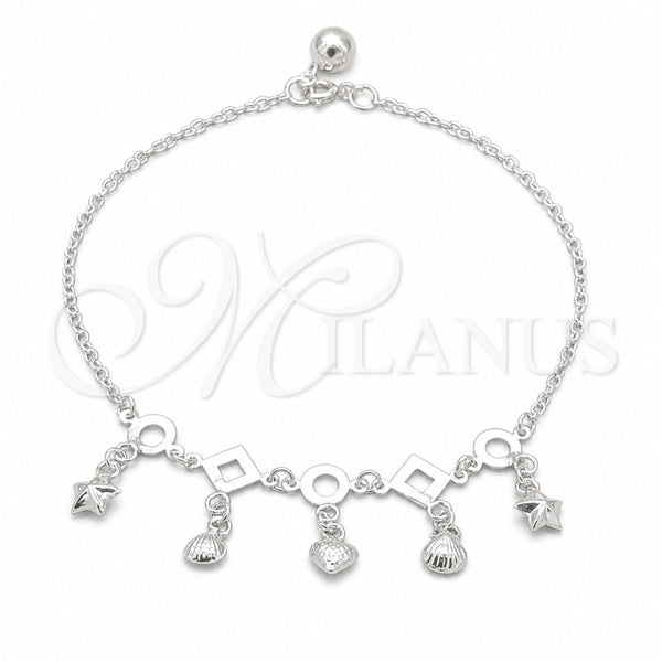 Sterling Silver Charm Anklet , Shell and Heart Design, Polished, Silver Finish, 03.409.0084.10 (01 MM Thickness, 10 Inches Length)
