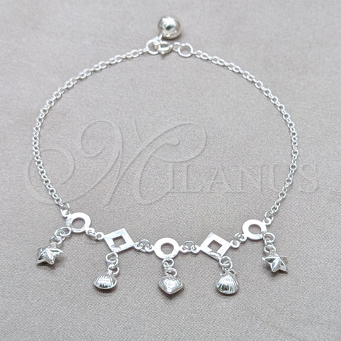 Sterling Silver Charm Anklet , Shell and Heart Design, Polished, Silver Finish, 03.409.0084.10 (01 MM Thickness, 10 Inches Length)