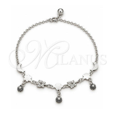 Sterling Silver Charm Anklet , Flower and Moon Design, Polished, Silver Finish, 03.409.0085.10 (01 MM Thickness, 10 Inches Length)