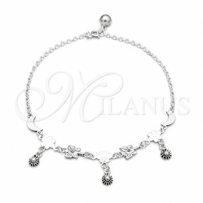 Sterling Silver Charm Anklet, Flower and Moon Design, Polished, Silver Finish, 03.409.0085.10 (01 MM Thickness for wholesale, main product view