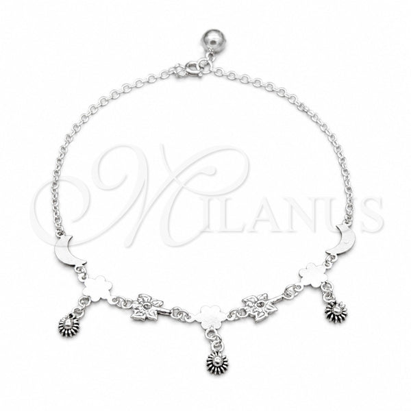 Sterling Silver Charm Anklet , Flower and Moon Design, Polished, Silver Finish, 03.409.0085.10 (01 MM Thickness, 10 Inches Length)