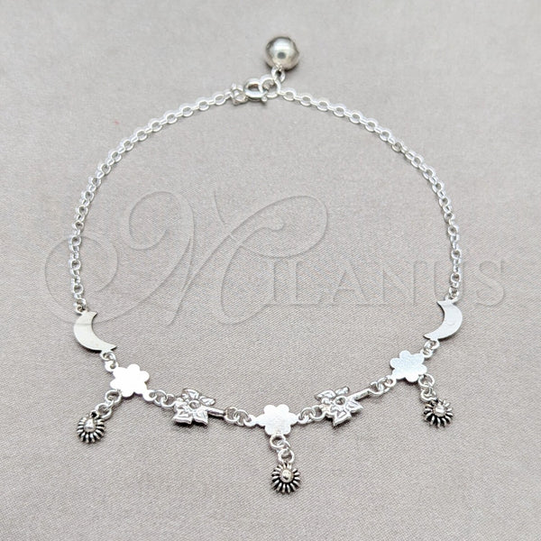 Sterling Silver Anklet — Charm Anklet Flower and Moon Design Polished 03. — main product view — SKU 157944 | Plata 925 tobillera — Charm Anklet flor and Moon diseño pulido 03. — SKU 157944
