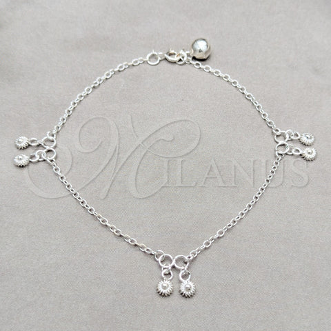 Sterling Silver Charm Anklet , Sun Design, Polished, Silver Finish, 03.409.0086.10 (01 MM Thickness, 10 Inches Length)