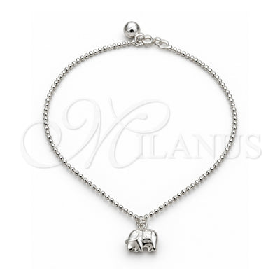 Sterling Silver Charm Anklet , Ball and Elephant Design, Polished, Silver Finish, 03.409.0087.10 (01 MM Thickness, 10 Inches Length)