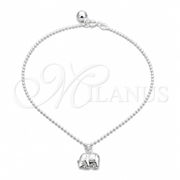 Sterling Silver Charm Anklet , Ball and Elephant Design, Polished, Silver Finish, 03.409.0087.10 (01 MM Thickness, 10 Inches Length)