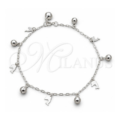 Sterling Silver Charm Anklet , Dolphin and Ball Design, Polished, Silver Finish, 03.409.0089.10 (01 MM Thickness, 10 Inches Length)