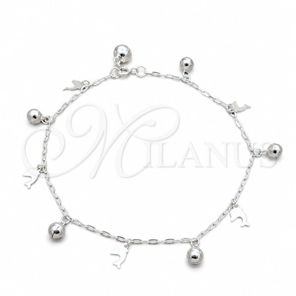 Sterling Silver Charm Anklet , Dolphin and Ball Design, Polished, Silver Finish, 03.409.0089.10 (01 MM Thickness, 10 Inches Length)