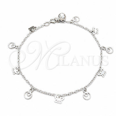 Sterling Silver Charm Anklet, Butterfly Design, Polished, Silver Finish, 03.409.0091.10 (01 MM Thickness, 10 for wholesale, main product view