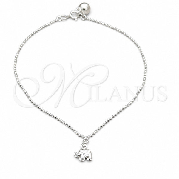 Sterling Silver Charm Anklet , Elephant and Ball Design, Polished, Silver Finish, 03.409.0094.10 (01 MM Thickness, 10 Inches Length)