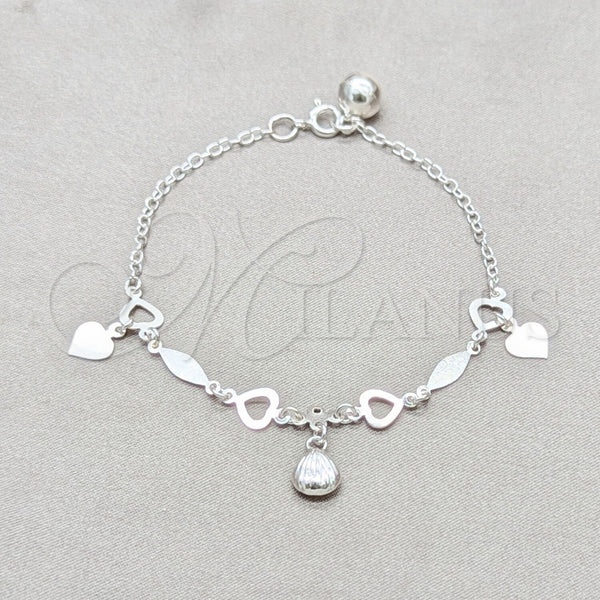 Sterling Silver Bracelet — Charm Bracelet Heart and Shell Design Polished 03. — main product view — SKU 157956 | Plata 925 brazalete — Charm Bracelet corazón and Shell diseño pulido 03. — SKU 157956