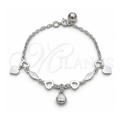 Sterling Silver Charm Bracelet, Heart and Shell Design, Polished, Silver Finish, 03.409.0097.08 (01 MM Thickness, 8 Inches Length)