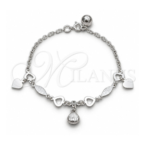 Sterling Silver Charm Bracelet, Heart and Shell Design, Polished, Silver Finish, 03.409.0097.08 (01 MM Thickness, 8 Inches Length)