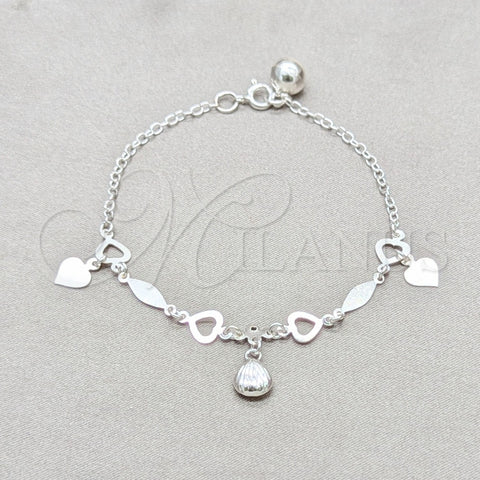 Sterling Silver Charm Bracelet, Heart and Shell Design, Polished, Silver Finish, 03.409.0097.08 (01 MM Thickness, 8 Inches Length)