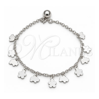 Sterling Silver Charm Bracelet, Flower and Elephant Design, Polished, Silver Finish, 03.409.0103.08 (01 MM Thickness, 8 Inches Length)