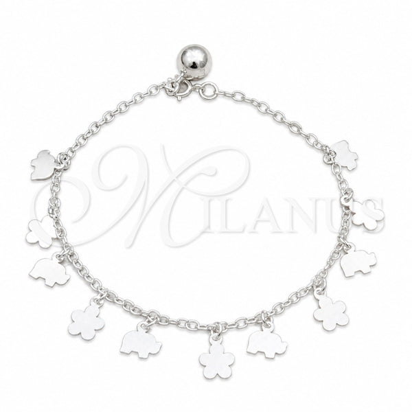 Sterling Silver Charm Bracelet, Flower and Elephant Design, Polished, Silver Finish, 03.409.0103.08 (01 MM Thickness, 8 Inches Length)