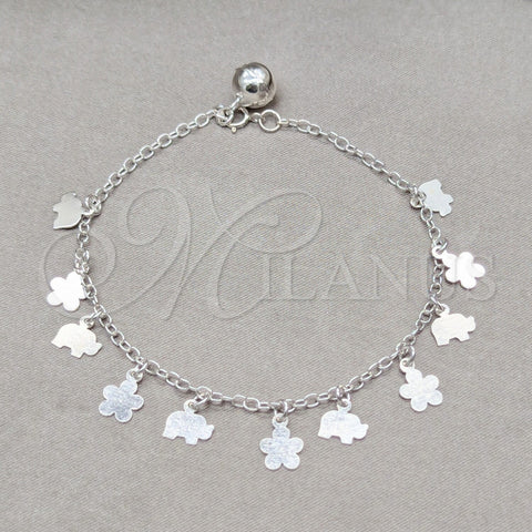 Sterling Silver Charm Bracelet, Flower and Elephant Design, Polished, Silver Finish, 03.409.0103.08 (01 MM Thickness, 8 Inches Length)