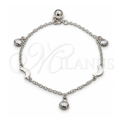 Sterling Silver Charm Bracelet, Shell and Moon Design, Polished, Silver Finish, 03.409.0105.08 (01 MM Thickness, 8 Inches Length)