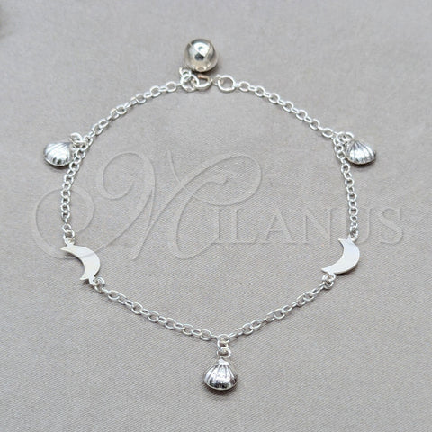Sterling Silver Charm Bracelet, Shell and Moon Design, Polished, Silver Finish, 03.409.0105.08 (01 MM Thickness, 8 Inches Length)
