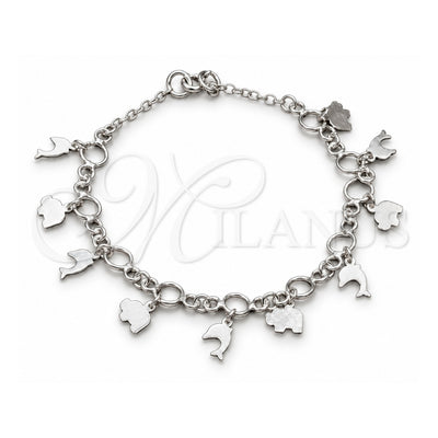 Sterling Silver Charm Bracelet, Elephant and Dolphin Design, Polished, Silver Finish, 03.409.0109.08 (01 MM Thickness, 8 Inches Length)