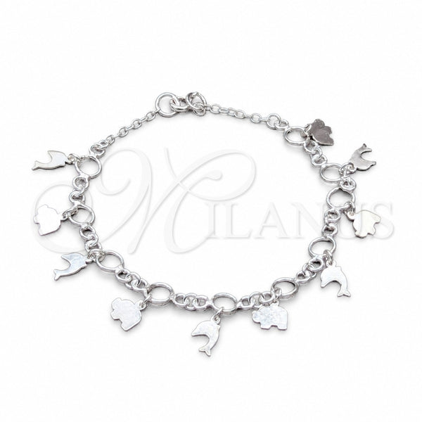 Sterling Silver Charm Bracelet, Elephant and Dolphin Design, Polished, Silver Finish, 03.409.0109.08 (01 MM Thickness, 8 Inches Length)