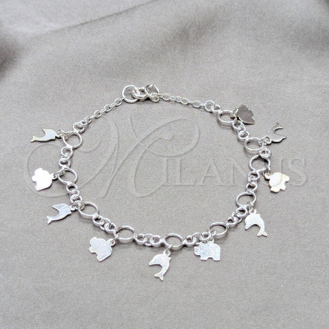 Sterling Silver Charm Bracelet, Elephant and Dolphin Design, Polished, Silver Finish, 03.409.0109.08 (01 MM Thickness, 8 Inches Length)