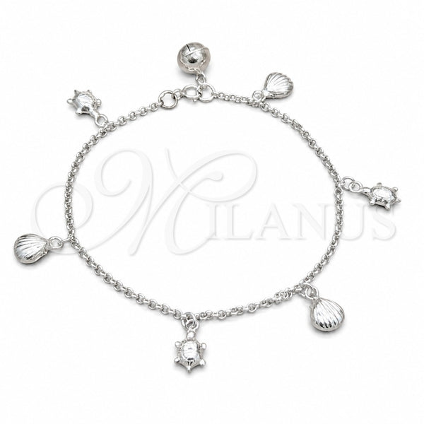 Sterling Silver Charm Bracelet, Turtle and Shell Design, Polished, Silver Finish, 03.409.0114.08 (01 MM Thickness, 8 Inches Length)