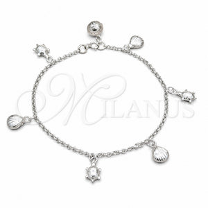 Sterling Silver Charm Bracelet, Turtle and Shell Design, Polished, Silver Finish, 03.409.0114.08 (01 MM Thickness, 8 Inches Length)