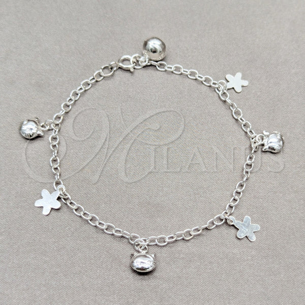Sterling Silver Bracelet — Charm Bracelet Flower and Cat Design Polished 03. — main product view — SKU 158019 | Plata 925 brazalete — Charm Bracelet flor and Cat diseño pulido 03. — SKU 158019