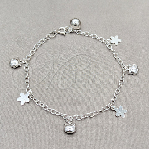 Sterling Silver Charm Bracelet, Flower and Cat Design, Polished, Silver Finish, 03.409.0116.08 (01 MM Thickness, 8 Inches Length)