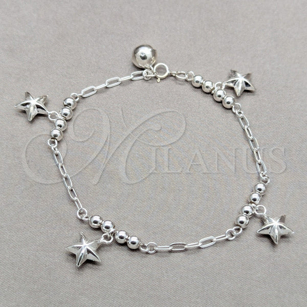Sterling Silver Bracelet — Charm Bracelet Star and Ball Design Polished 03. — main product view — SKU 158021 | Plata 925 brazalete — Charm Bracelet estrella and Ball diseño pulido 03. — SKU 158021