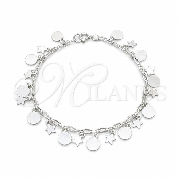 Sterling Silver Charm Bracelet, Star and Paperclip Design, Polished, Silver Finish, 03.409.0119.08 (01 MM Thickness, 8 Inches Length)