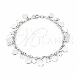 Sterling Silver Charm Bracelet, Star and Paperclip Design, Polished, Silver Finish, 03.409.0119.08 (01 MM Thickness, 8 Inches Length)