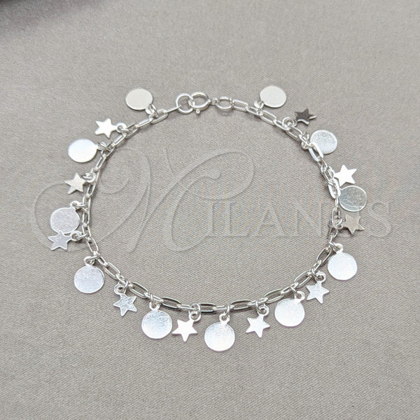 Sterling Silver Charm Bracelet, Star and Paperclip Design, Polished, Silver Finish, 03.409.0119.08 (01 MM Thickness, 8 Inches Length)